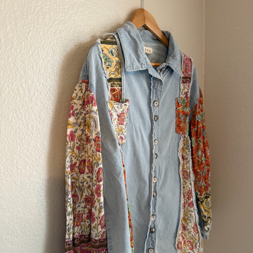 POL Light Wash Denim Patchwork Button Down Bohemian Shirt Top, Size Large - Picture 5 of 10